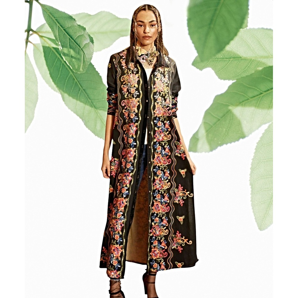 Aratta L-XL Silent Journey Embroidered Long Duster Dress Jacket Black Floral